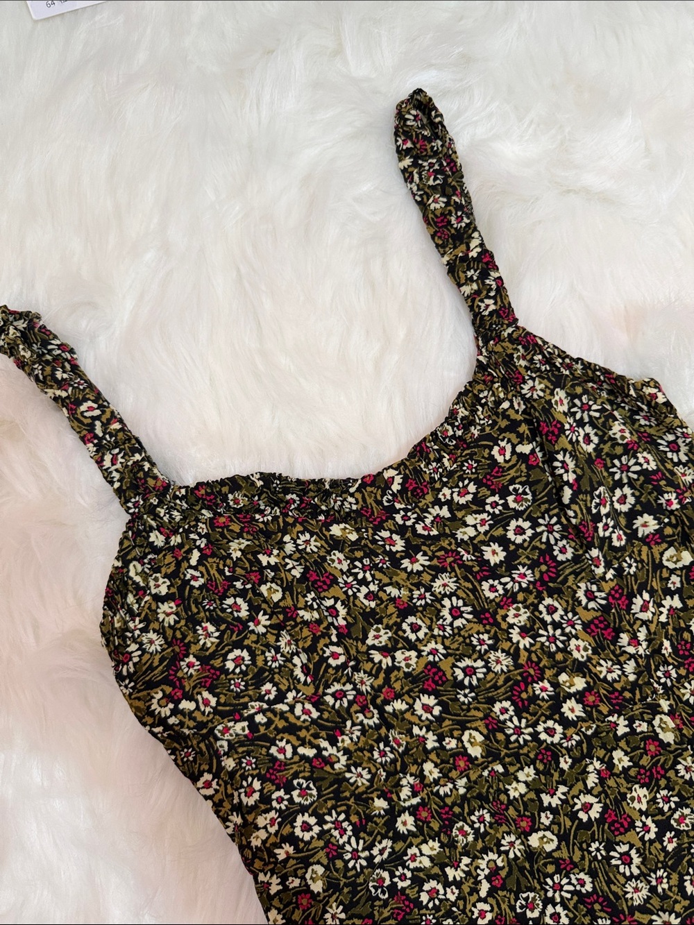 Zara Black Floral Smocked Strap Cami with Olive & Pink Accents